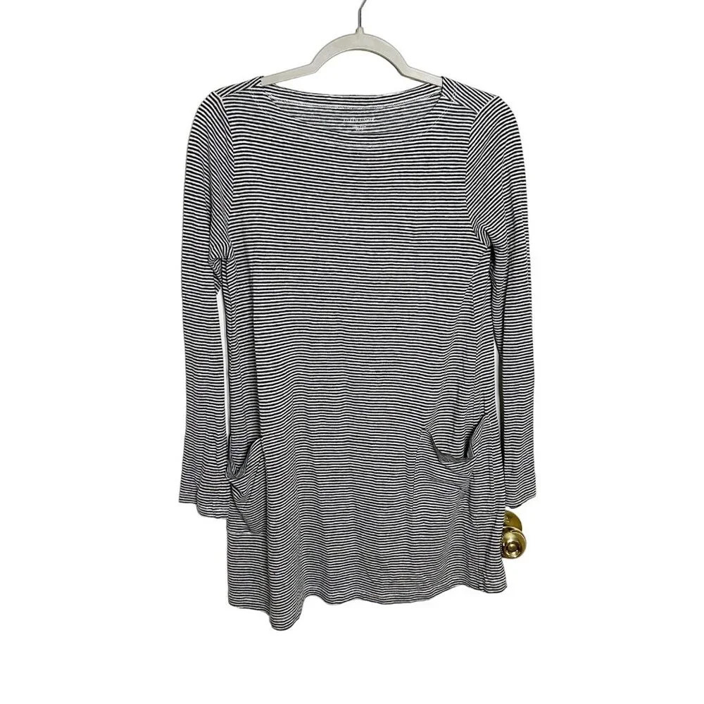 Eileen Fisher Long Sleeve Tunic Top Organic Linen Black White Stripe Size XS